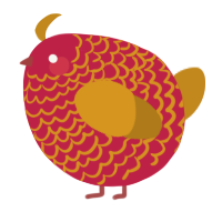 A crimson and ochre chicken with a lace pattern