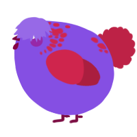 A blurple and crimson chicken with a neck-speckle pattern