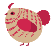A beige and crimson chicken with a bar pattern