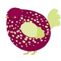 A maroon and lemon chicken with a speckle pattern