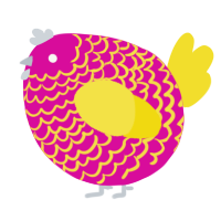 A fuchsia and yellow chicken with a lace pattern