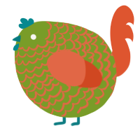 A chartreuse and vermilion chicken with a lace pattern