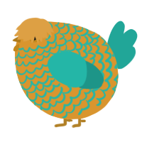 A orange and turquoise chicken with a lace pattern