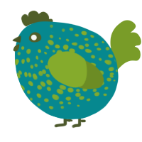 A teal and chartreuse chicken with a speckle pattern