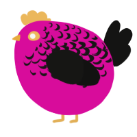 A fuchsia and black chicken with a half-lace pattern