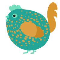 A turquoise and orange chicken with a speckle pattern