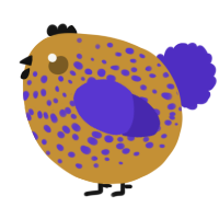 A gold and indigo chicken with a speckle pattern