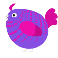 A blurple and fuchsia chicken with a bar pattern