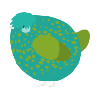 A turquoise and chartreuse chicken with a speckle pattern