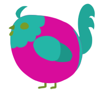 A fuchsia and turquoise chicken with a head pattern