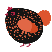 A black and vermilion chicken with a speckle pattern