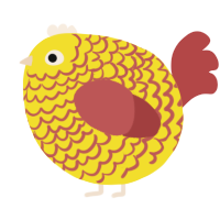 A yellow and red chicken with a lace pattern