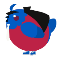 A crimson and ultramarine chicken with a head pattern
