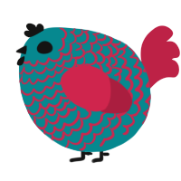 A teal and crimson chicken with a lace pattern