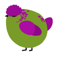 A chartreuse and plum chicken with a neck-speckle pattern