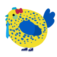A yellow and ultramarine chicken with a speckle pattern