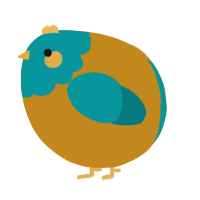 A ochre and teal chicken with a head pattern