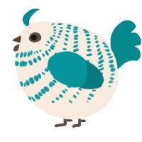 A cream and teal chicken with a bar pattern