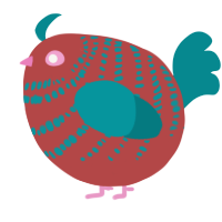 A red and teal chicken with a bar pattern