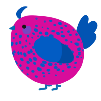 A fuchsia and ultramarine chicken with a speckle pattern