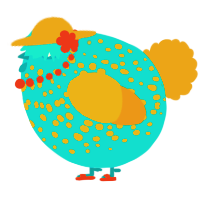 A cerulean and ochre chicken with a speckle pattern
