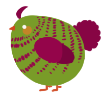 A chartreuse and maroon chicken with a bar pattern