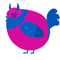 A fuchsia and ultramarine chicken with a head pattern