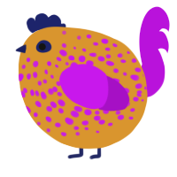 A orange and amethyst chicken with a speckle pattern