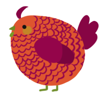 A vermilion and maroon chicken with a lace pattern