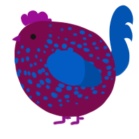 A wine and ultramarine chicken with a speckle pattern
