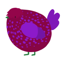 A maroon and violet chicken with a speckle pattern