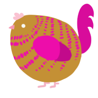 A gold and fuchsia chicken with a bar pattern