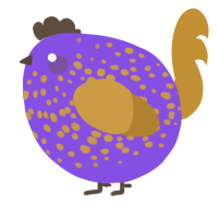 A blurple and gold chicken with a speckle pattern