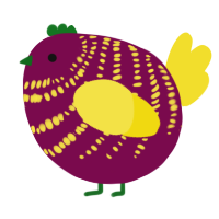 A wine and yellow chicken with a bar pattern