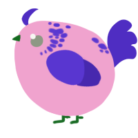 A pink and indigo chicken with a neck-speckle pattern