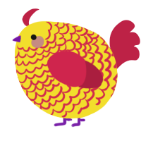 A yellow and crimson chicken with a lace pattern