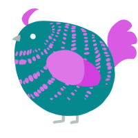 A teal and orchid chicken with a bar pattern