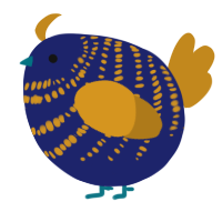 A navy and ochre chicken with a bar pattern
