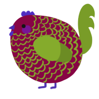 A maroon and chartreuse chicken with a lace pattern