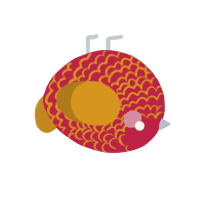 A crimson and ochre chicken with a lace pattern