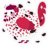 A white and crimson chicken with a speckle pattern