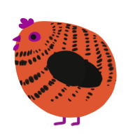 A vermilion and black chicken with a bar pattern