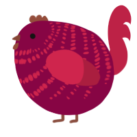 A maroon and crimson chicken with a bar pattern