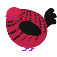 A crimson and black chicken with a bar pattern