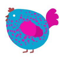 A cerulean and fuchsia chicken with a speckle pattern