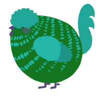 A leaf and turquoise chicken with a bar pattern
