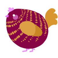 A maroon and orange chicken with a bar pattern