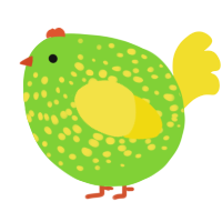 A grass and yellow chicken with a speckle pattern