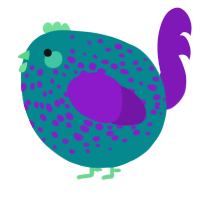 A teal and violet chicken with a speckle pattern