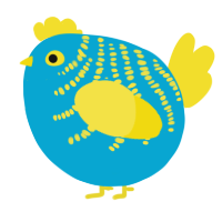 A cerulean and yellow chicken with a half-bar pattern